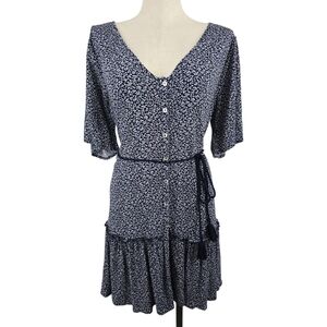 Faherty Dress Medium Navy Floral Crinkle Orinda Tassel Belt Fit Flare Mini